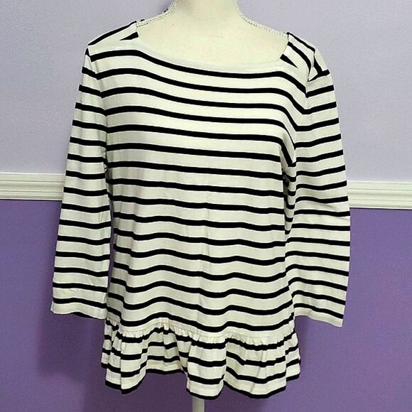 Talbots White & Black Stripes Square Neck Ruffled Pima Cotton Knit Top L - Picture 1 of 8